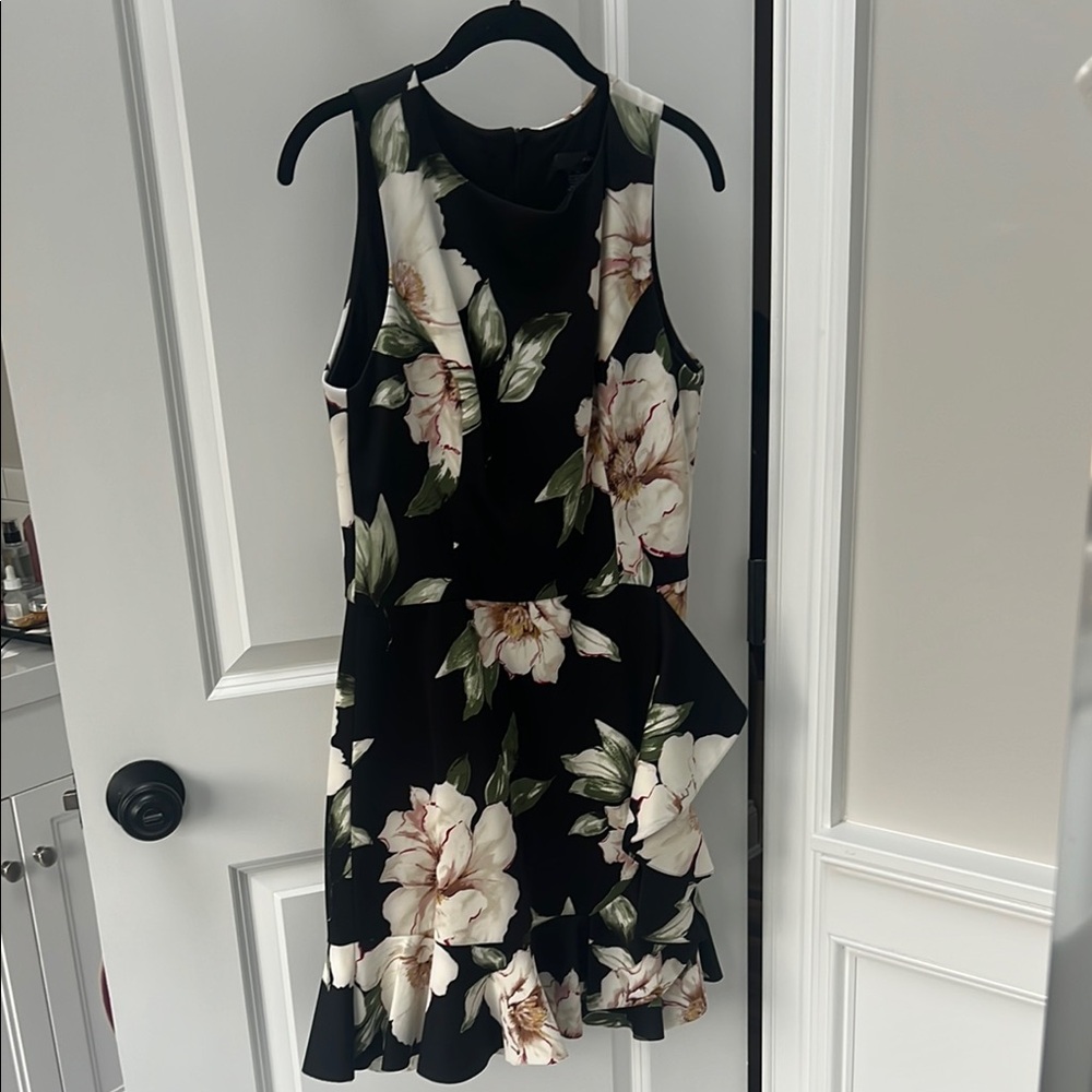 Aqua Floral Sleeveless Black Dress with Ruffle detail